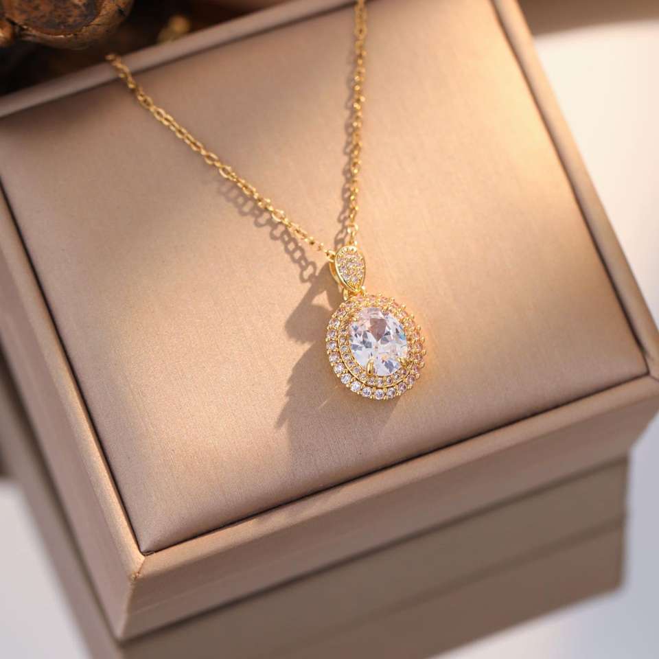 Copper Rose Section Zircon Gold Plated Pendant Elegant Women's Party Wedding Necklace Stainless Steel Chain