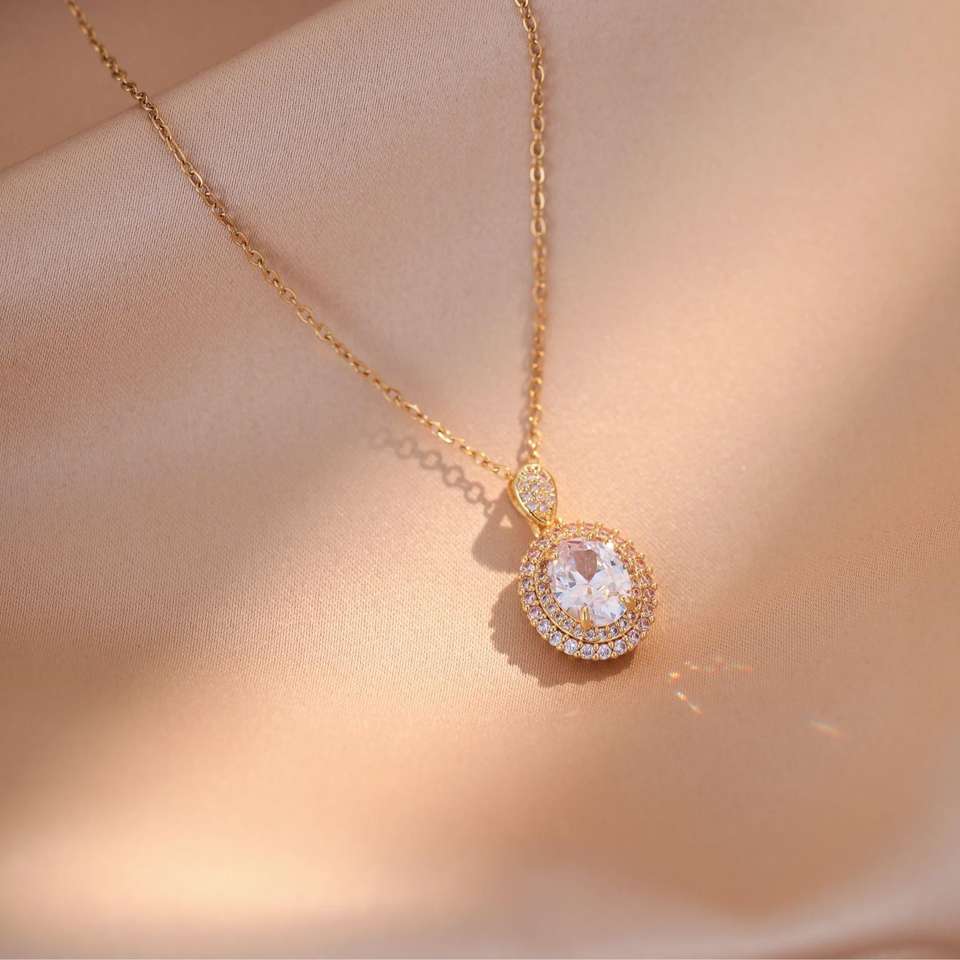 Copper Rose Section Zircon Gold Plated Pendant Elegant Women's Party Wedding Necklace Stainless Steel Chain